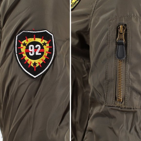 Fur Lined Short Bomber Jacket Patches Olive - Picture 6 of 8